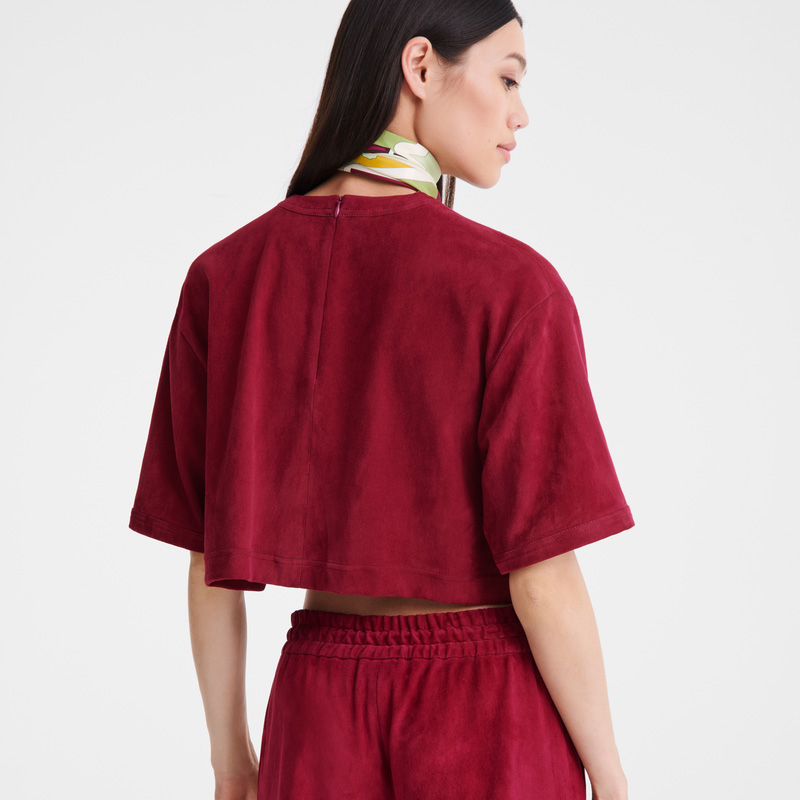 Blusa Longchamp Leather crop top Feminino Beetroot | LC-KWDJ1284