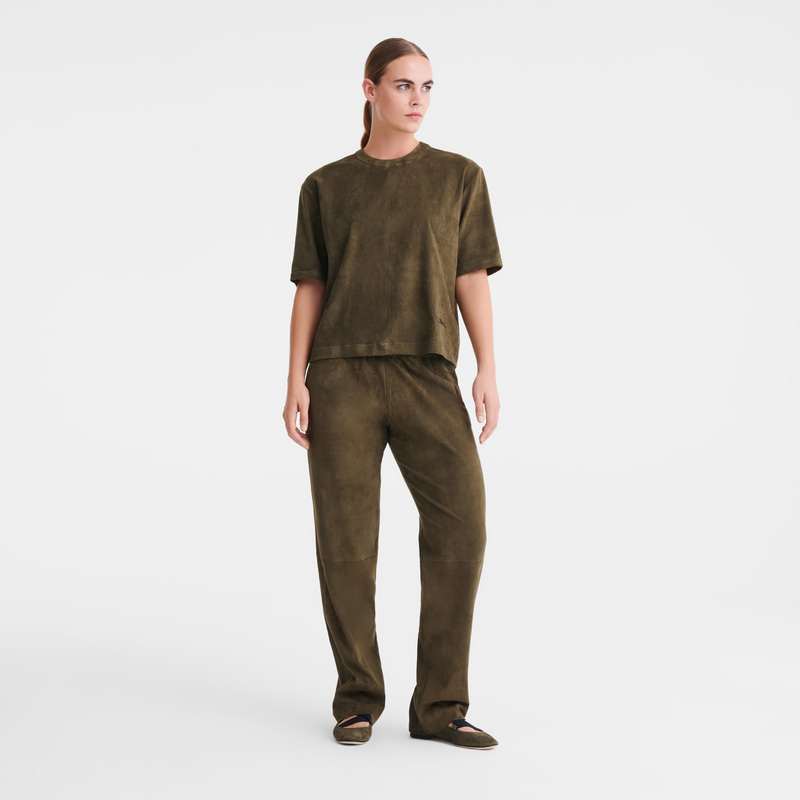 Calças Longchamp Leather straight pants Feminino Caqui | LC-ZUCD7345
